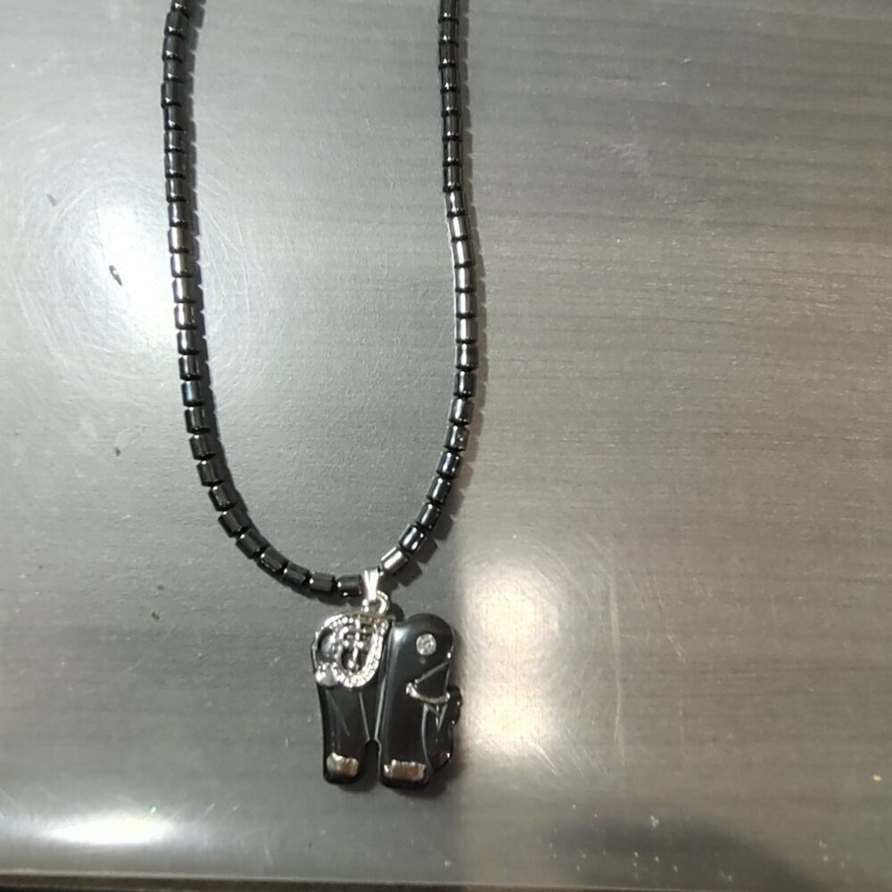 Elephant Hematite Beaded Necklace Hand Carved Pendant Rhinestone